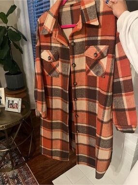 Plaid Button-Front Shacket in Orange and Brown
